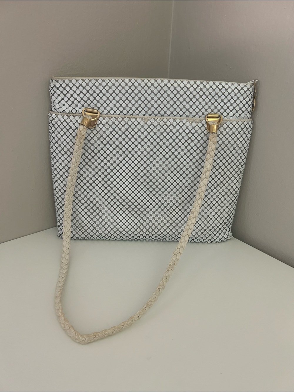 Vintage 60s Mid-Century White Metal Mesh Tote Bag with Braided Strap